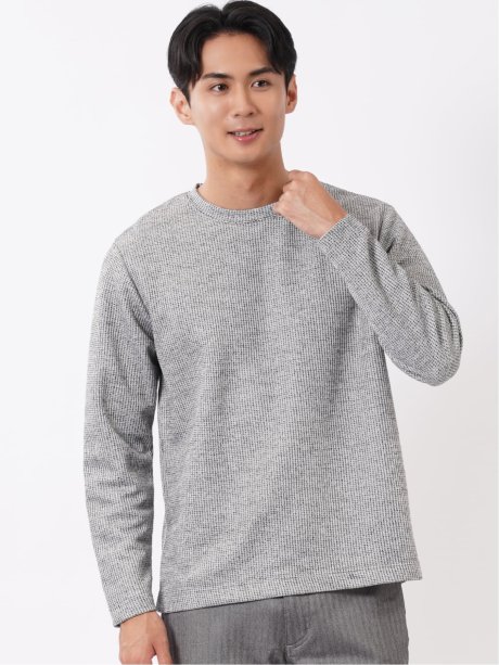 Tシャツ メンズ 長袖 クルーネック 綿混 ワッフル ジャガード