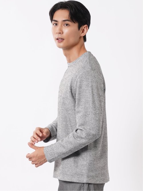 Tシャツ メンズ 長袖 クルーネック 綿混 ワッフル ジャガード