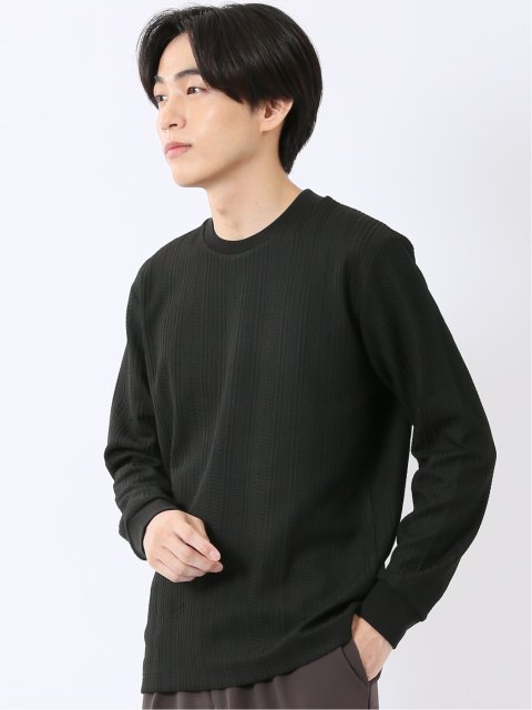 Tシャツ メンズ 長袖 ストレッチ スロープネック 幾何学 ジオメトリック ジャガード