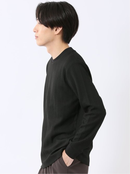 Tシャツ メンズ 長袖 ストレッチ スロープネック 幾何学 ジオメトリック ジャガード