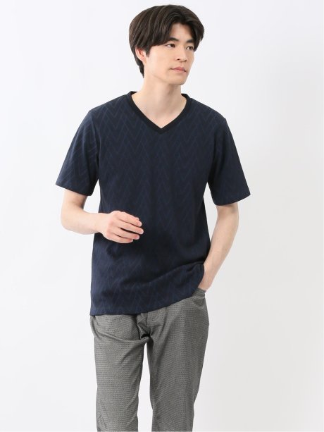プレーティングジャガード Vネック半袖Tシャツ