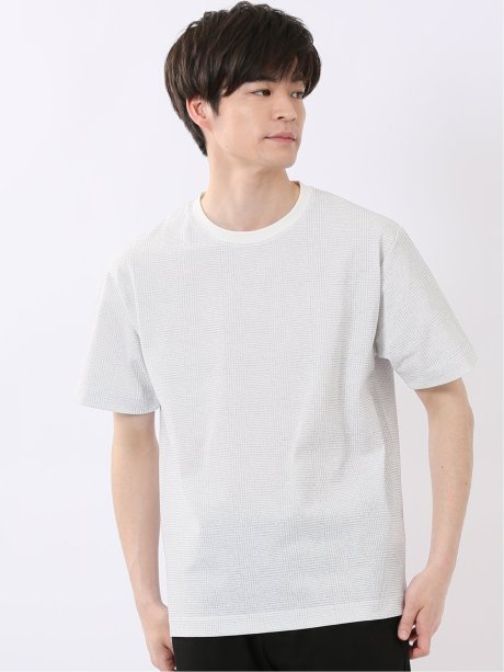 ストレッチ チェック プリント クルーネック 半袖 Tシャツ