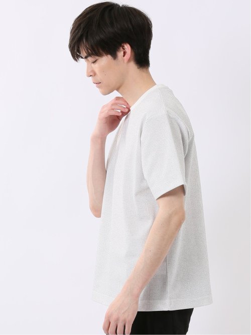 ストレッチ チェック プリント クルーネック 半袖 Tシャツ