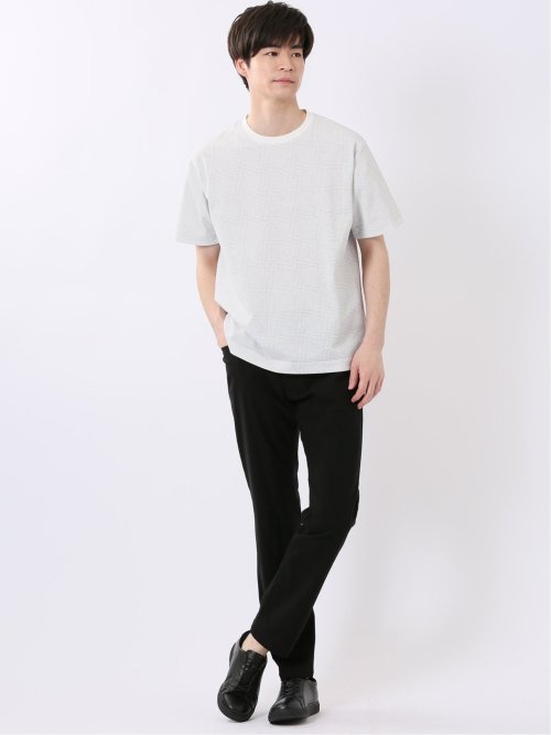 ストレッチ チェック プリント クルーネック 半袖 Tシャツ