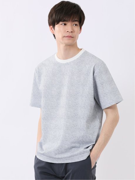ストレッチ チェック プリント クルーネック 半袖 Tシャツ