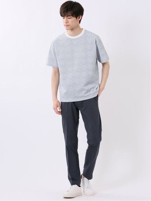 ストレッチ チェック プリント クルーネック 半袖 Tシャツ