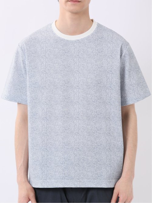 ストレッチ チェック プリント クルーネック 半袖 Tシャツ
