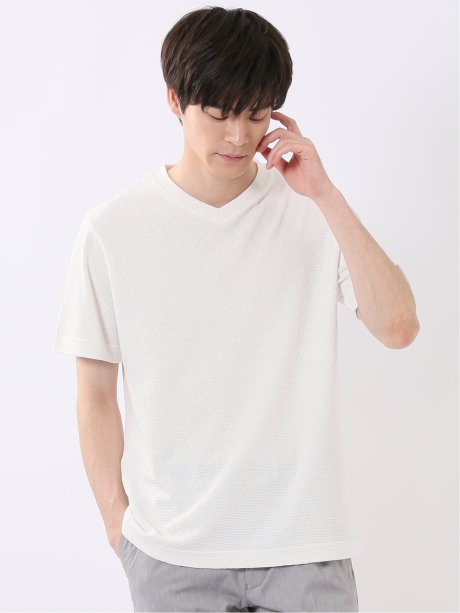 ヘリンボン ジャガード Vネック 半袖 Tシャツ