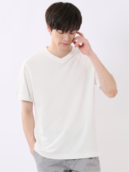 ヘリンボン ジャガード Vネック 半袖 Tシャツ