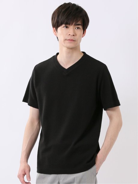 ヘリンボン ジャガード Vネック 半袖 Tシャツ