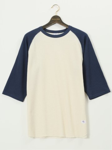 【大きいサイズ】ジェーイーモーガンロングジョーンズ/JEMORGAN LONG JOHNS ワッフル 配色ラグラン クルー7分袖Tシャツ