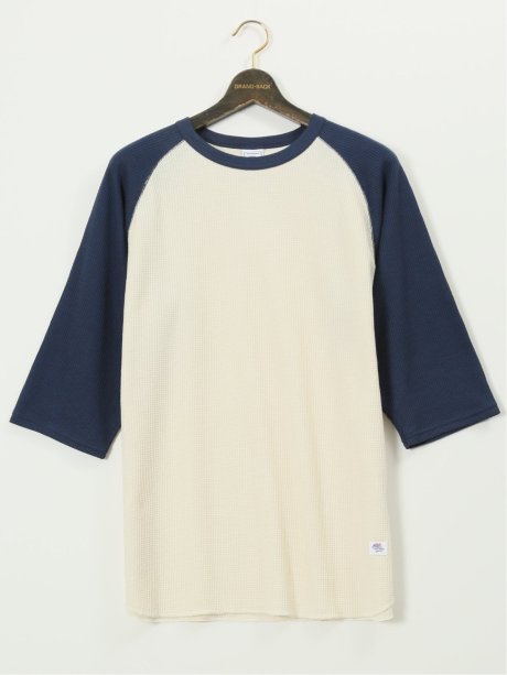 【大きいサイズ】ジェーイーモーガンロングジョーンズ/JEMORGAN LONG JOHNS ワッフル 配色ラグラン クルー7分袖Tシャツ