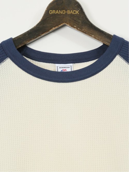 【大きいサイズ】ジェーイーモーガンロングジョーンズ/JEMORGAN LONG JOHNS ワッフル 配色ラグラン クルー7分袖Tシャツ