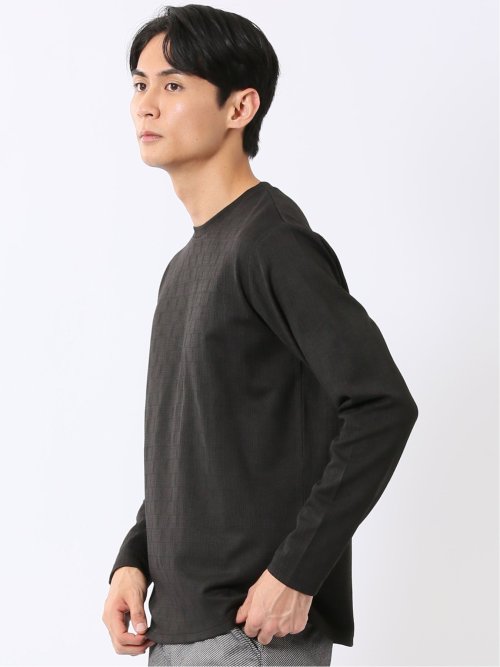 Tシャツ メンズ 長袖 ストレッチ クルーネック 幾何学 リンクス ジャガード
