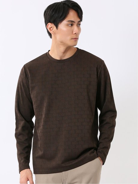 Tシャツ メンズ 長袖 ストレッチ クルーネック 幾何学 リンクス ジャガード