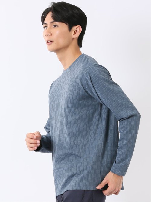 Tシャツ メンズ 長袖 ストレッチ クルーネック 幾何学 リンクス ジャガード