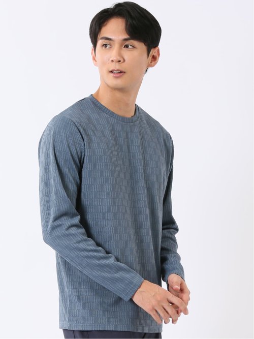 Tシャツ メンズ 長袖 ストレッチ クルーネック 幾何学 リンクス ジャガード