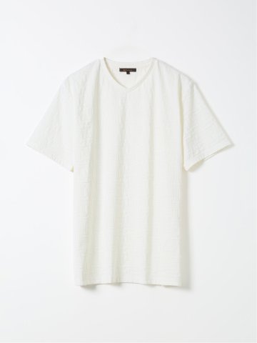 Tシャツ メンズ 半袖 ストレッチ Vネック ジャガード 幾何学柄