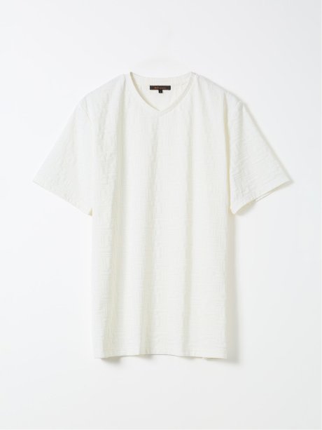 Tシャツ メンズ 半袖 ストレッチ Vネック ジャガード 幾何学柄