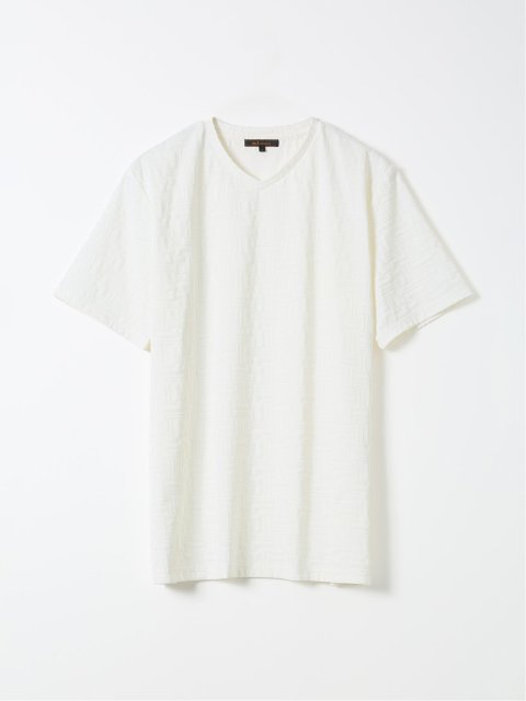 Tシャツ メンズ 半袖 ストレッチ Vネック ジャガード 幾何学柄