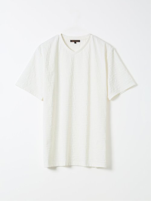 Tシャツ メンズ 半袖 ストレッチ Vネック ジャガード 幾何学柄
