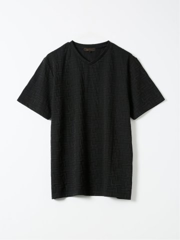 Tシャツ メンズ 半袖 ストレッチ Vネック ジャガード 幾何学柄