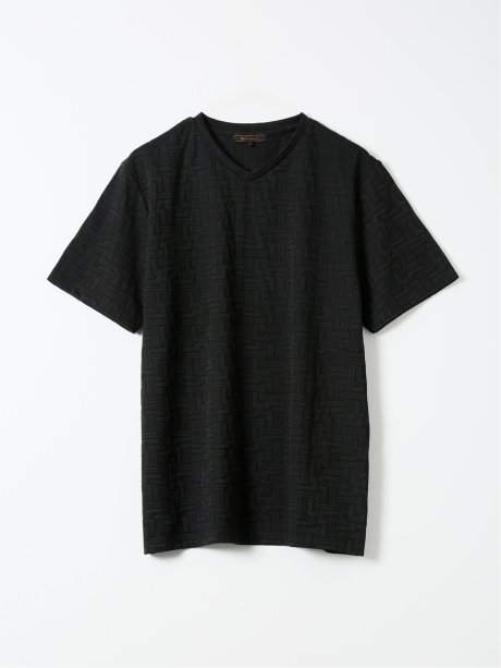 Tシャツ メンズ 半袖 ストレッチ Vネック ジャガード 幾何学柄