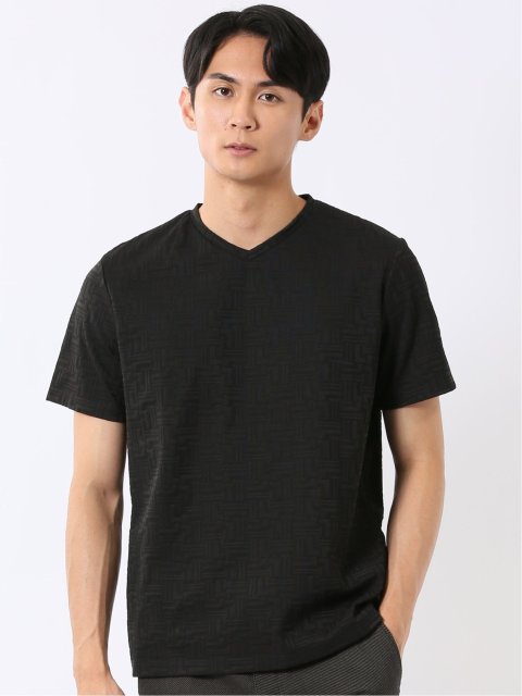 Tシャツ メンズ 半袖 ストレッチ Vネック ジャガード 幾何学柄