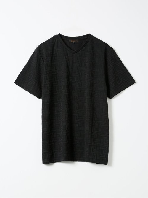 Tシャツ メンズ 半袖 ストレッチ Vネック ジャガード 幾何学柄
