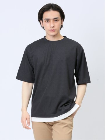 梨地 レイヤード風 クルーネック半袖Tシャツ