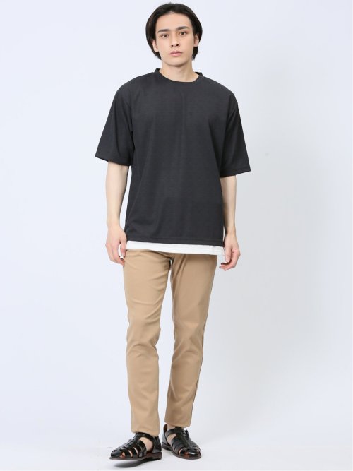 梨地 レイヤード風 クルーネック半袖Tシャツ