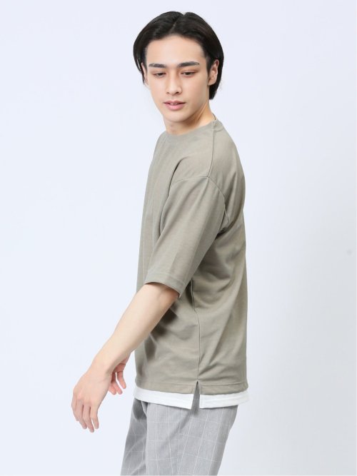 梨地 レイヤード風 クルーネック半袖Tシャツ
