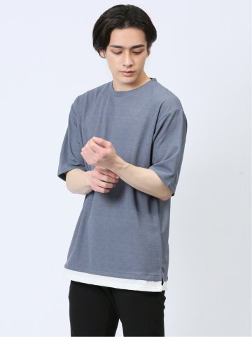 梨地 レイヤード風 クルーネック半袖Tシャツ