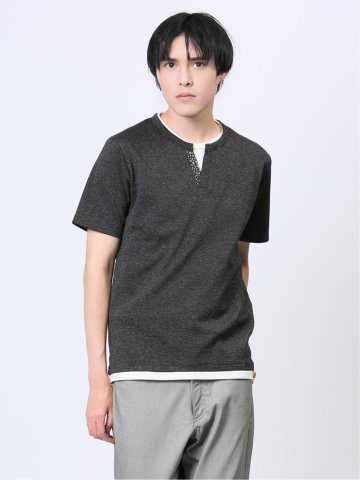 メランジジャージー フェイクキーネック半袖Tシャツ