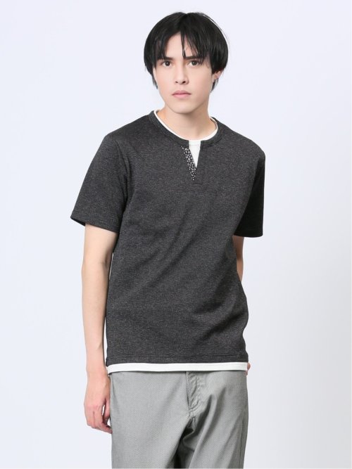 メランジジャージー フェイクキーネック半袖Tシャツ