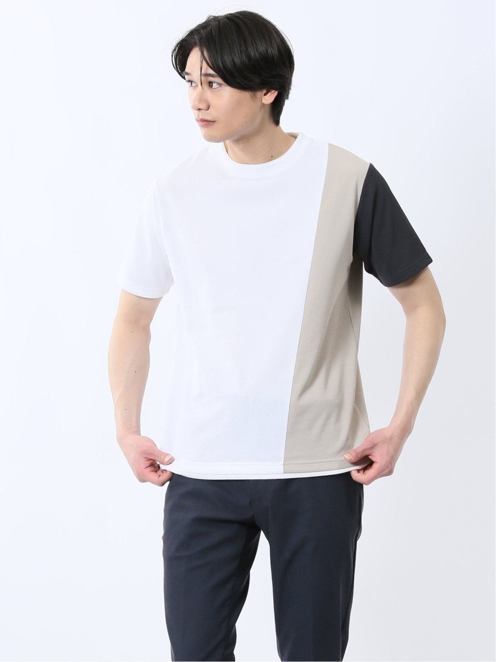 ポンチ配色 クルーネック半袖Tシャツ