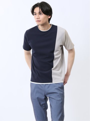 ポンチ配色 クルーネック半袖Tシャツ