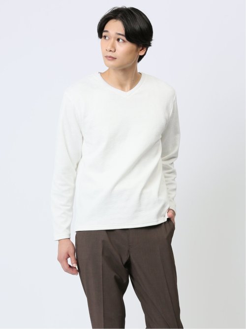 ふくれジャガード Vネック長袖Tシャツ(M 01白): トップス | TAKA-Q