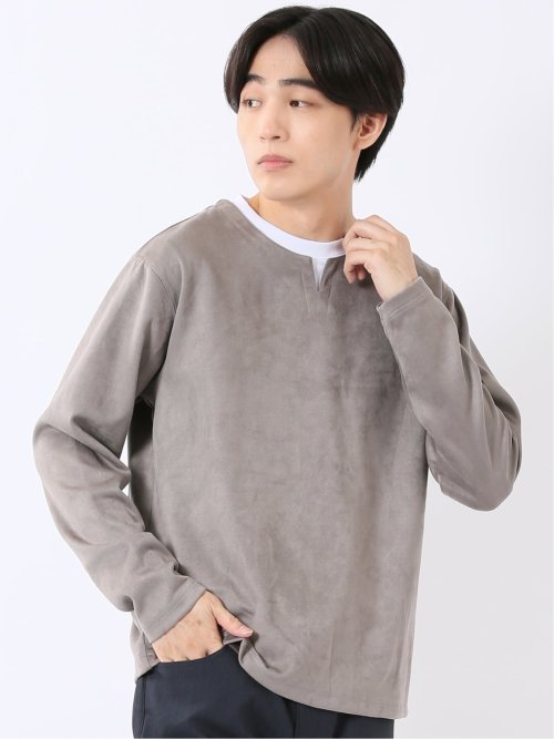 Tシャツ メンズ 長袖 ストレッチ キーネック フェイクレイヤード 起毛 ポンチ