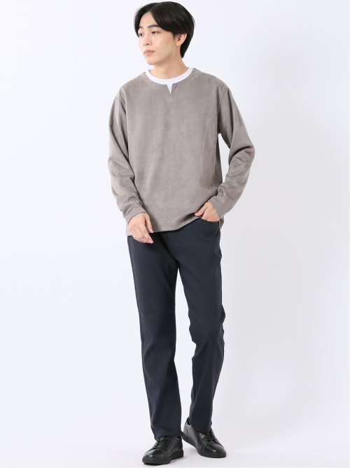 Tシャツ メンズ 長袖 ストレッチ キーネック フェイクレイヤード 起毛 ポンチ