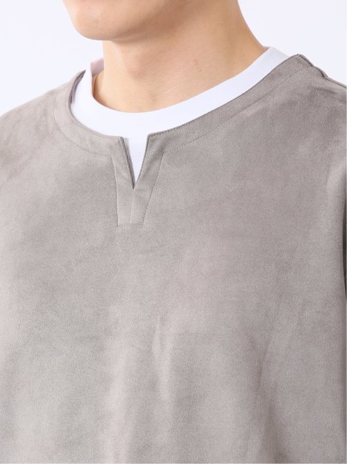 Tシャツ メンズ 長袖 ストレッチ キーネック フェイクレイヤード 起毛 ポンチ