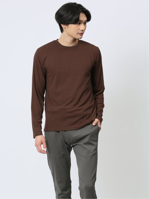ケーブルジャガード クルーネック長袖Tシャツ(M 30茶): トップス