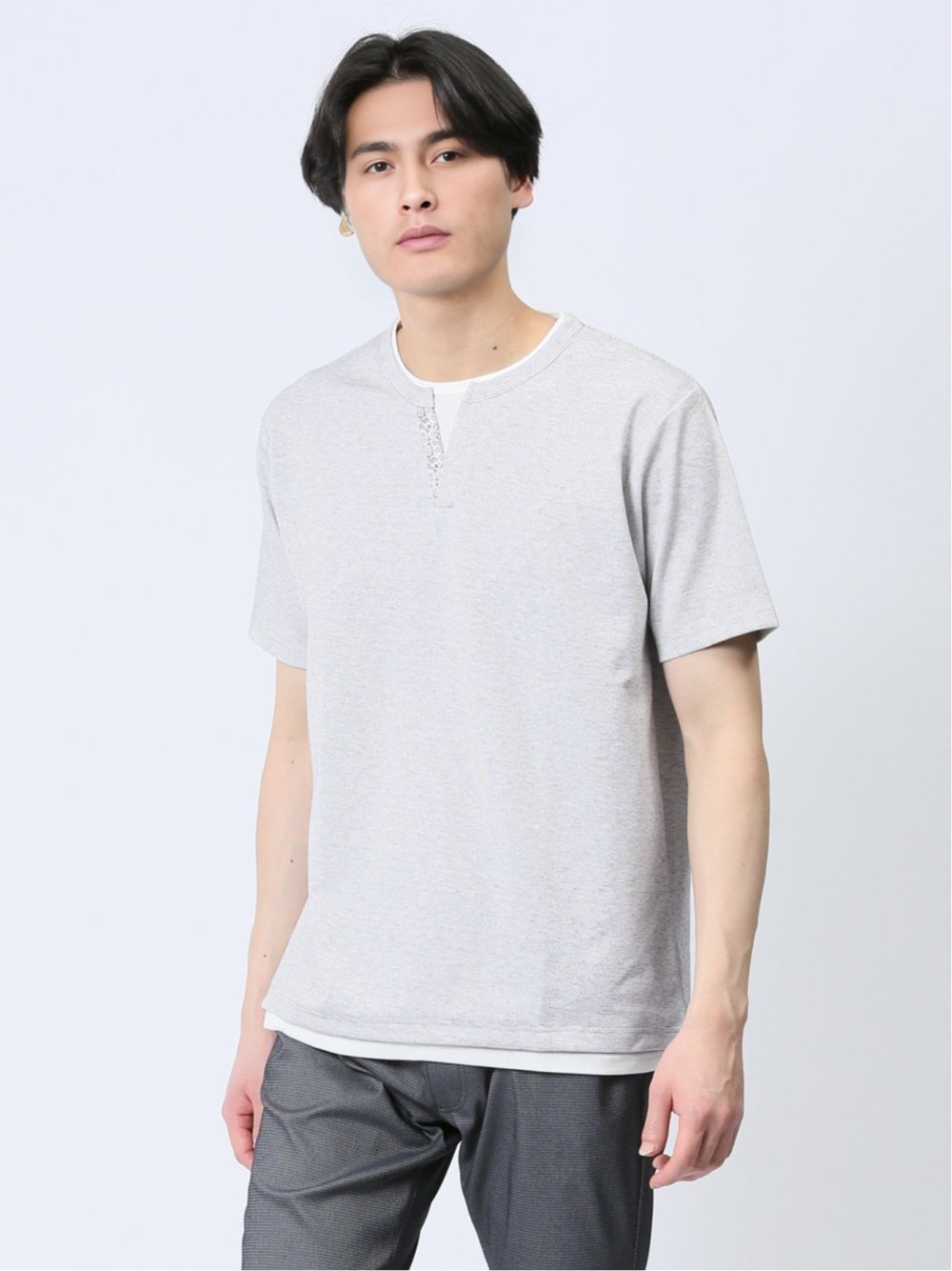 さまになる フェイクレイヤード キーネック半袖Tシャツ