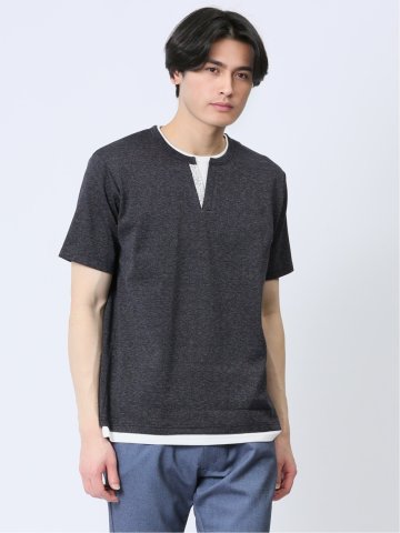 さまになる フェイクレイヤード キーネック半袖Tシャツ