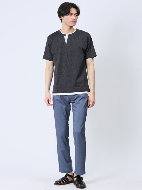 さまになる フェイクレイヤード キーネック半袖Tシャツ