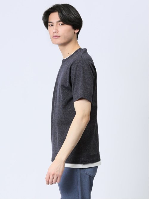 さまになる フェイクレイヤード キーネック半袖Tシャツ