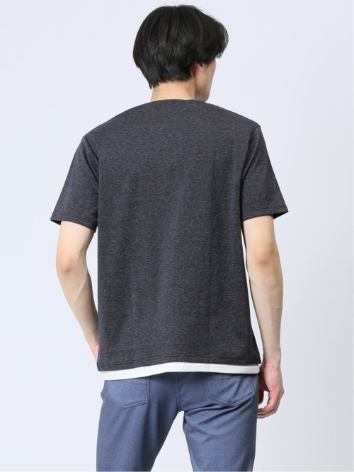 さまになる フェイクレイヤード キーネック半袖Tシャツ