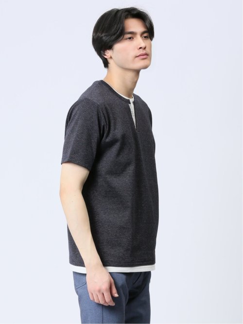 さまになる フェイクレイヤード キーネック半袖Tシャツ