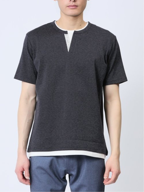 さまになる フェイクレイヤード キーネック半袖Tシャツ