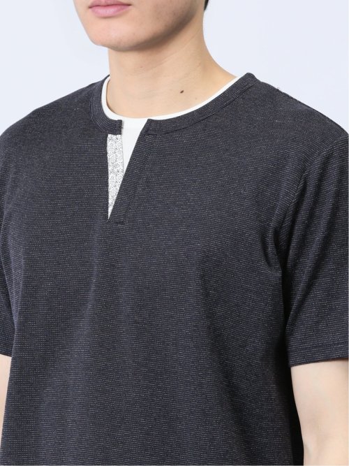 さまになる フェイクレイヤード キーネック半袖Tシャツ